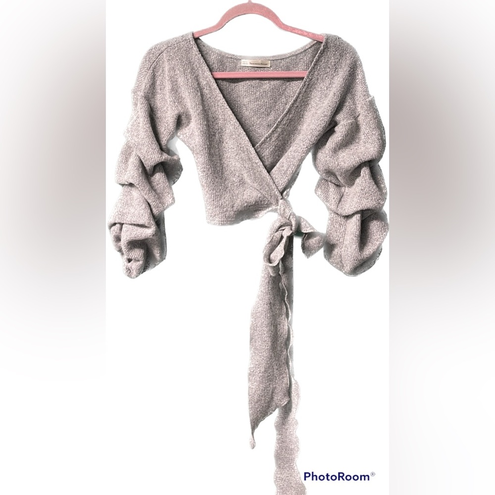 HERE COMES THE SUN HEATHER GRAY WRAP CROP SWEATER WITH GATHERED SLEEVES & TIES